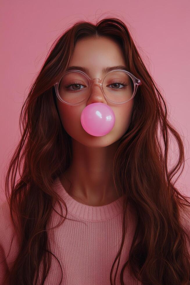 Young woman blowing pink bubble gum against a vibrant pink background during daytime photo