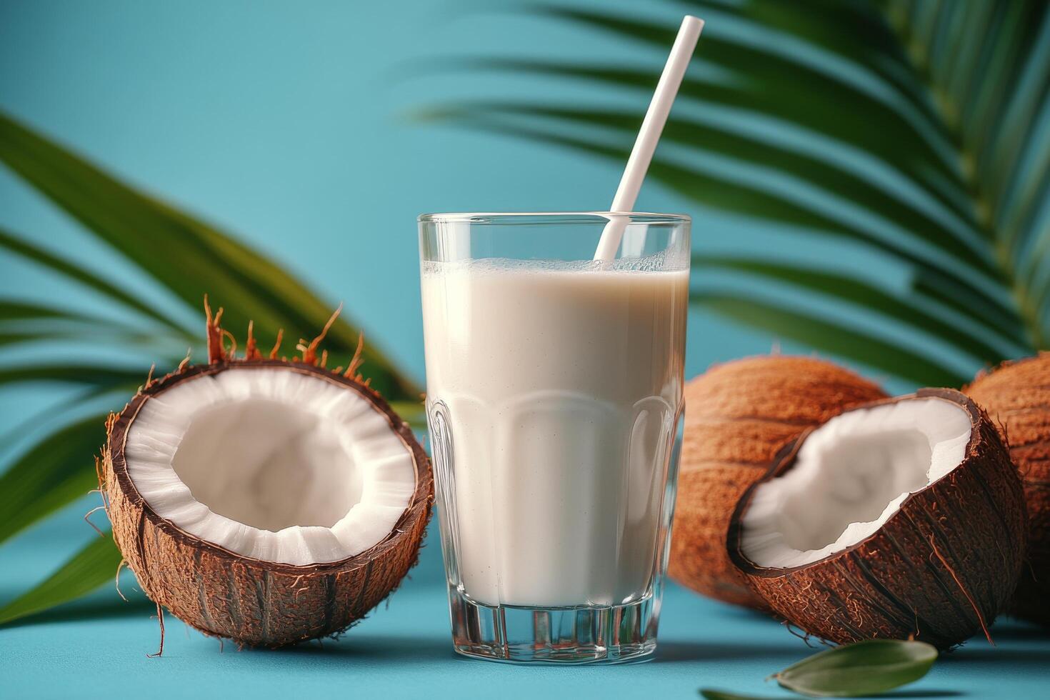 Coconut milk sits in a glass next to fresh coconuts on a vibrant blue background photo