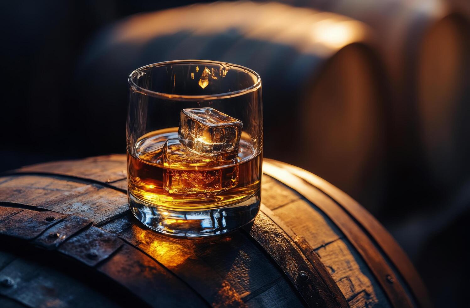 A glass of whiskey with ice resting on a wooden barrel during a warm evening photo