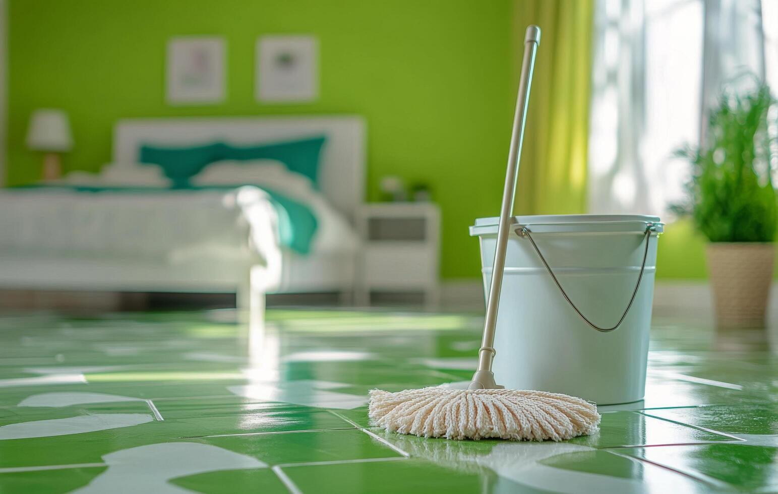 A bright green bedroom with sunlight casting shadows on freshly cleaned floors and a cleaning bucket photo
