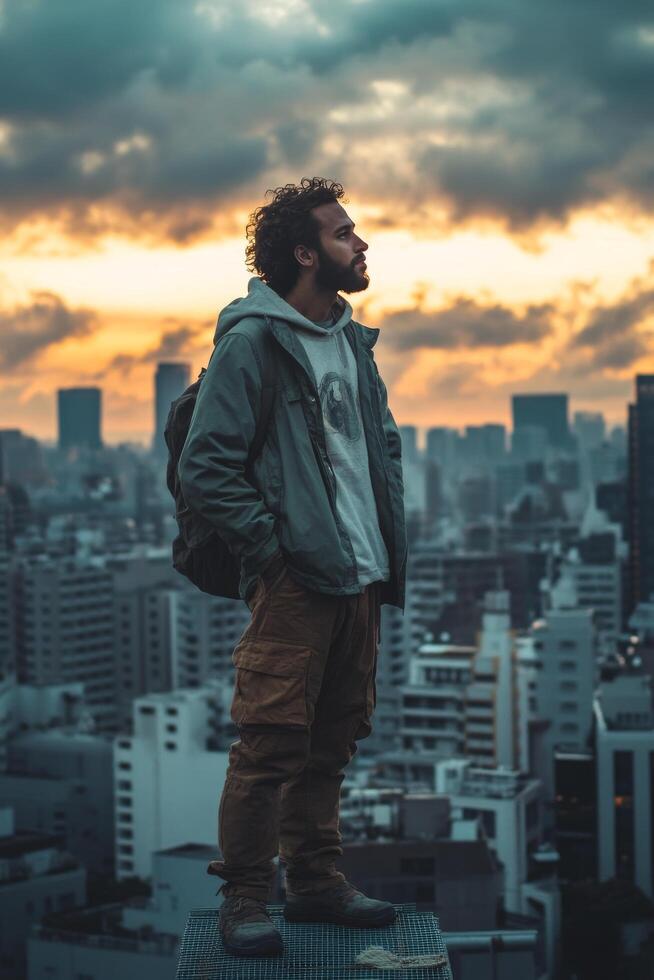 A person gazes at the sunset from a rooftop in a bustling city during twilight hours photo