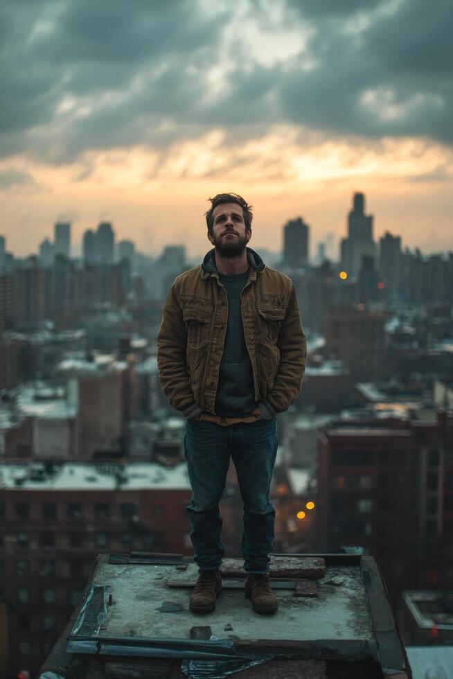A person gazes at the sunset from a rooftop in a bustling city during twilight hours photo