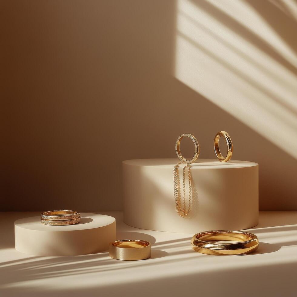 Elegant arrangement of gold and silver jewelry on a soft beige background in natural light photo