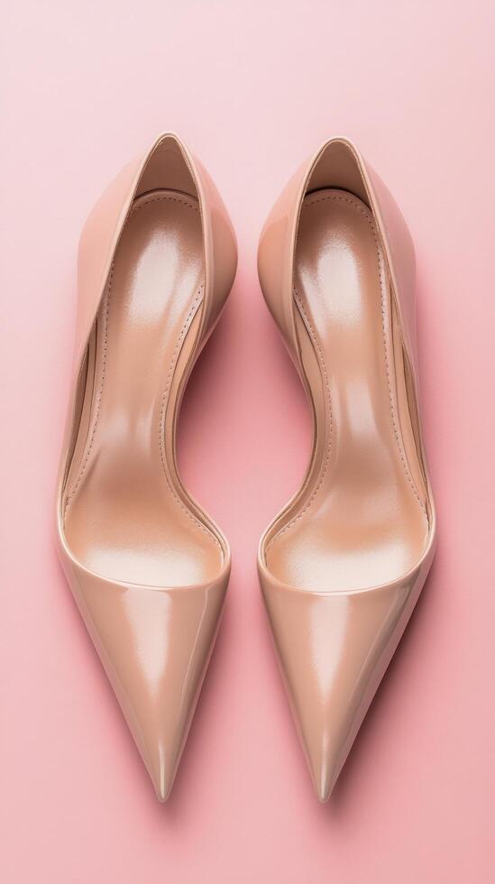 Elegant nude high heels displayed on a soft pink background in a minimalist setting photo