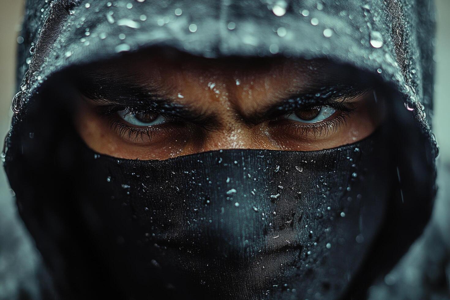 Mysterious figure with intense gaze dressed in rain soaked dark attire in an urban environment photo