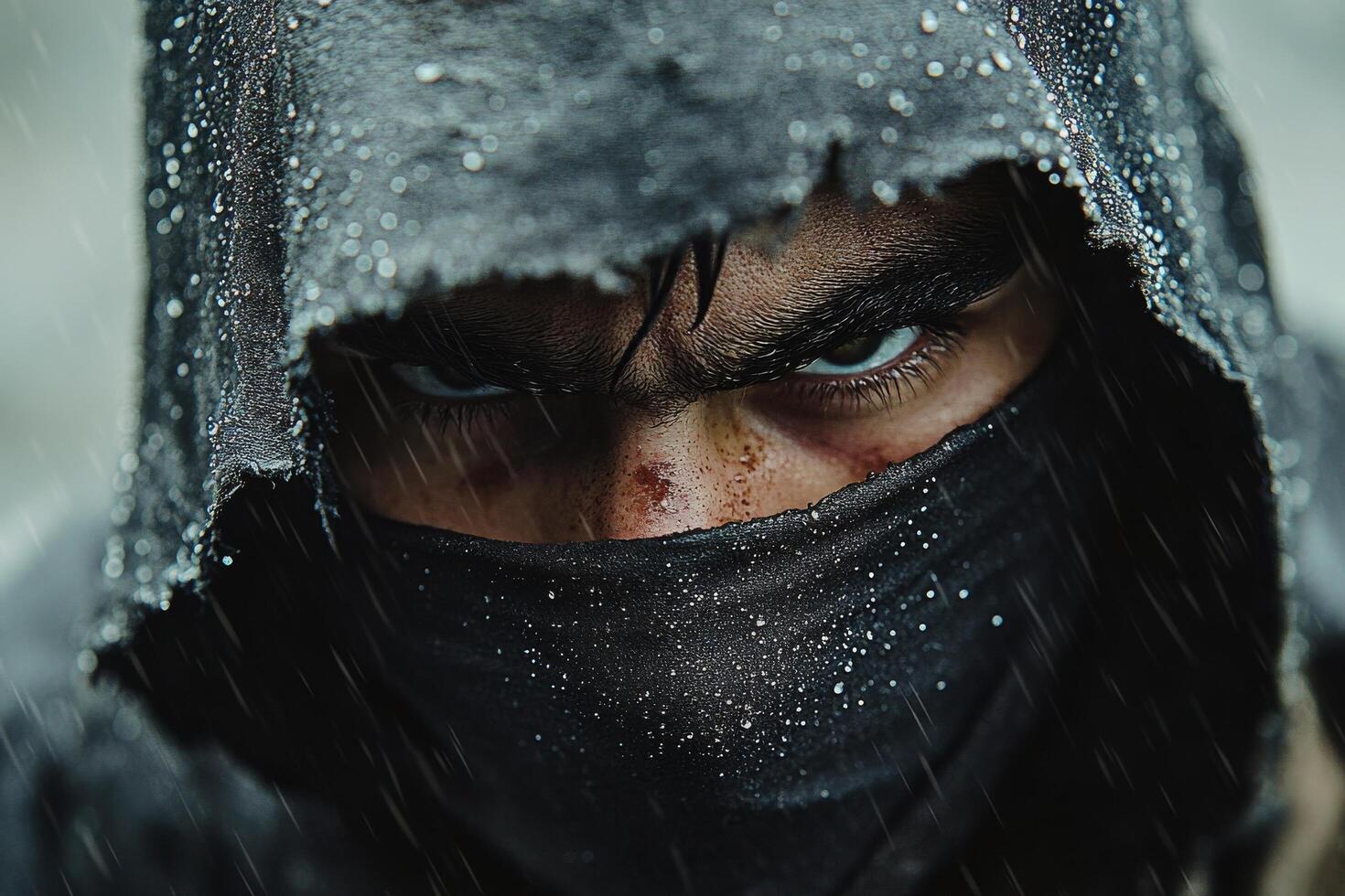 Mysterious figure with intense gaze dressed in rain soaked dark attire in an urban environment photo