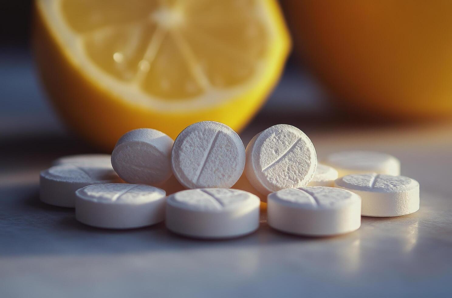 Refreshing citrus flavored effervescent tablets with lemon slices and sparkling drink on display photo