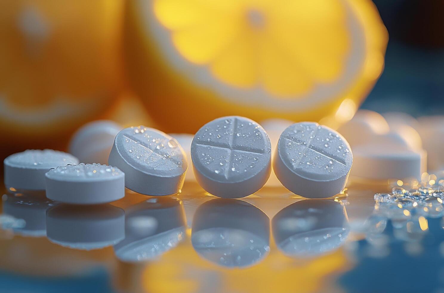 Refreshing citrus flavored effervescent tablets with lemon slices and sparkling drink on display photo