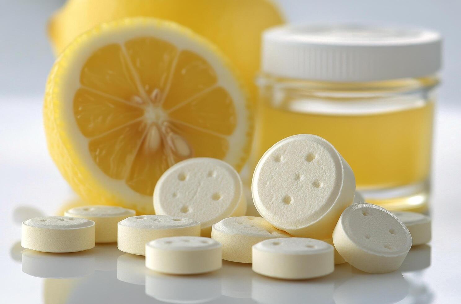 Refreshing citrus flavored effervescent tablets with lemon slices and sparkling drink on display photo