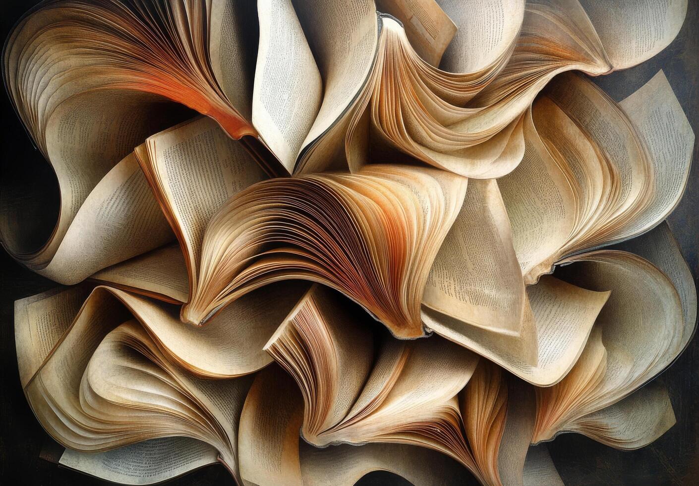 Artistic arrangement of open book pages forming intricate shapes in soft lighting photo