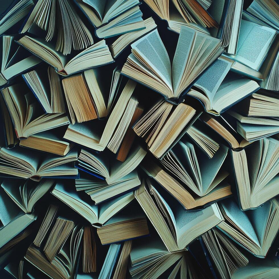 A vibrant collection of open books scattered chaotically across a table in a cozy reading nook photo