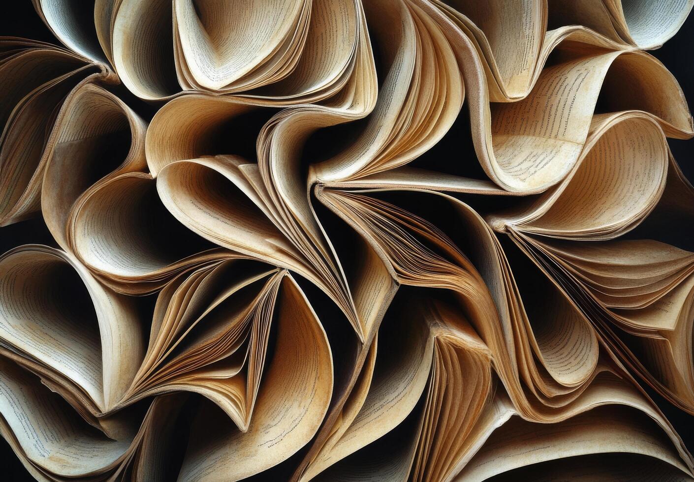 Artistic arrangement of open book pages forming intricate shapes in soft lighting photo