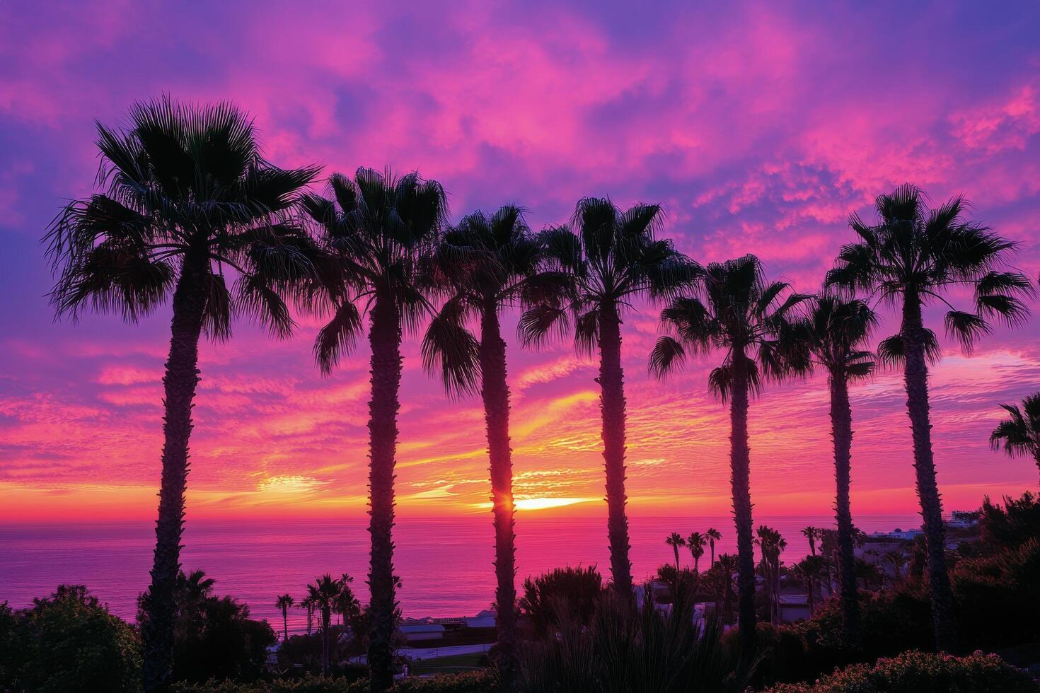 Vibrant sunset view over the ocean with palm trees silhouetted in a tropical paradise photo