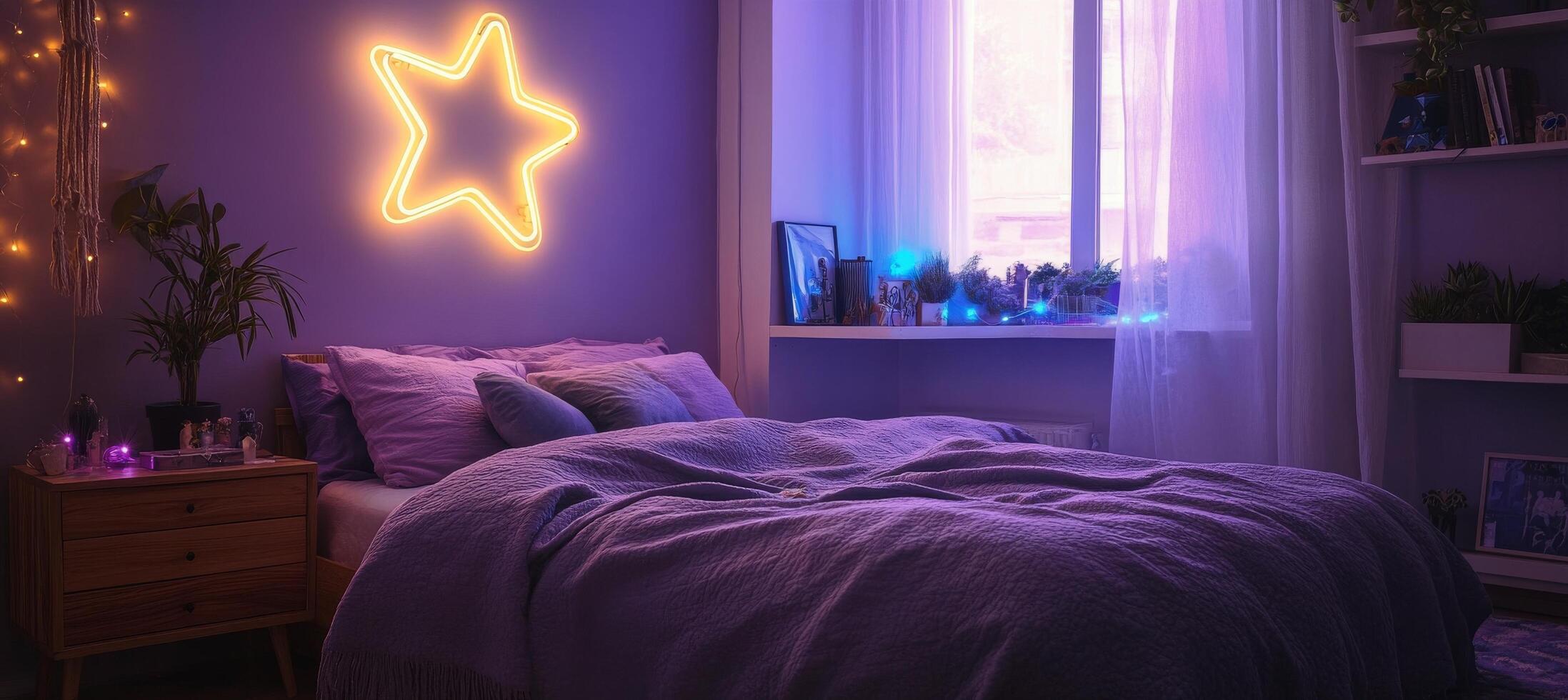Cozy modern bedroom with star light and soft bedding in evening ambiance photo