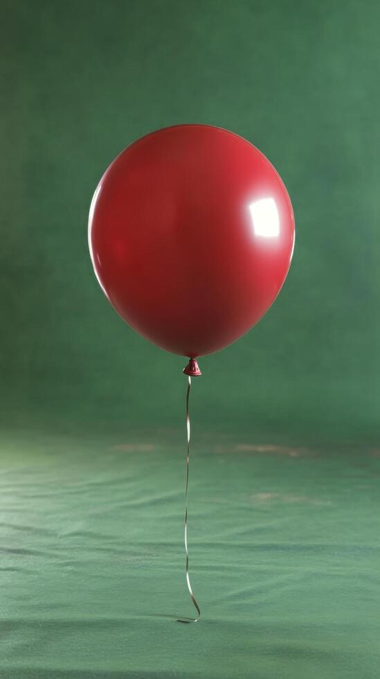 A single red balloon floats gracefully against a simple green backdrop in a quiet indoor setting photo