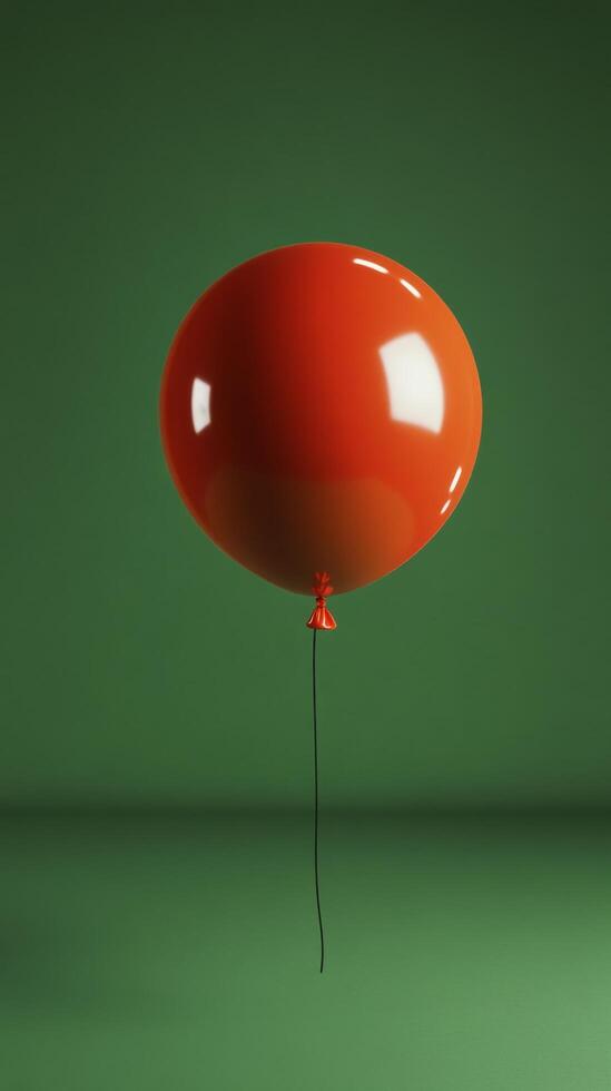A single red balloon floats gracefully against a simple green backdrop in a quiet indoor setting photo