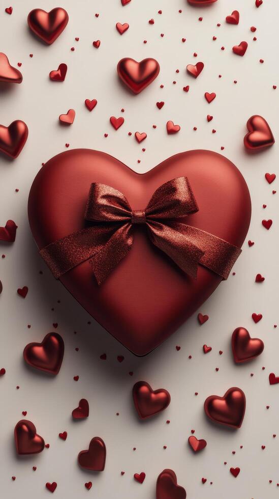 Heart shaped gift box surrounded by red hearts on white background for romantic occasions photo