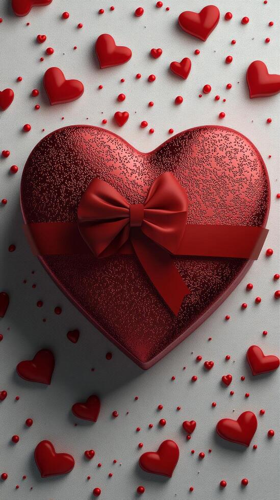 Heart shaped gift box surrounded by red hearts on white background for romantic occasions photo