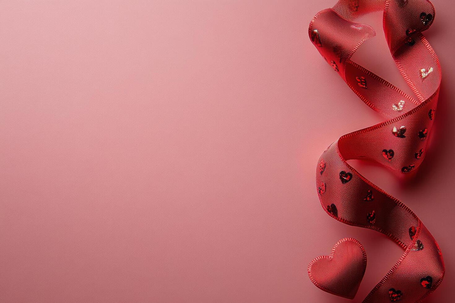 Red ribbon with heart patterns and a heart shaped decoration on a soft pink background photo