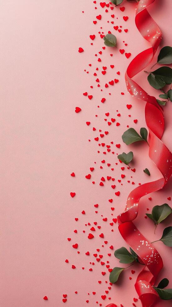 Decorative red ribbon with heart shapes on a pink background for celebration purposes photo