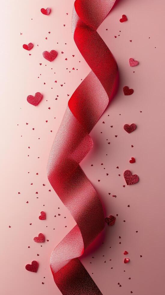 Decorative red ribbon with heart shapes on a pink background for celebration purposes photo