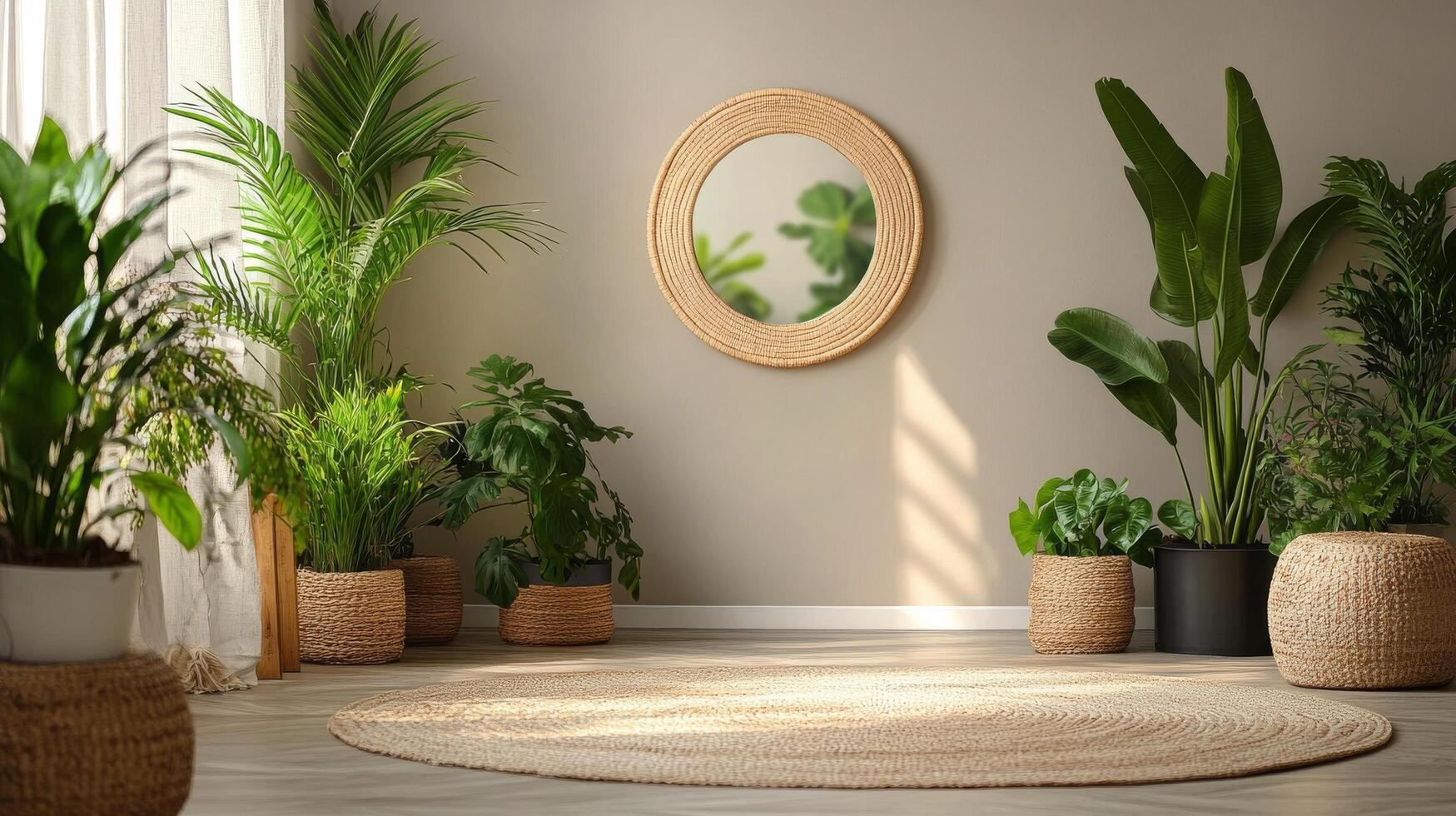 Cozy indoor plants arranged beside a round mirror in a sunny corner of a living space photo