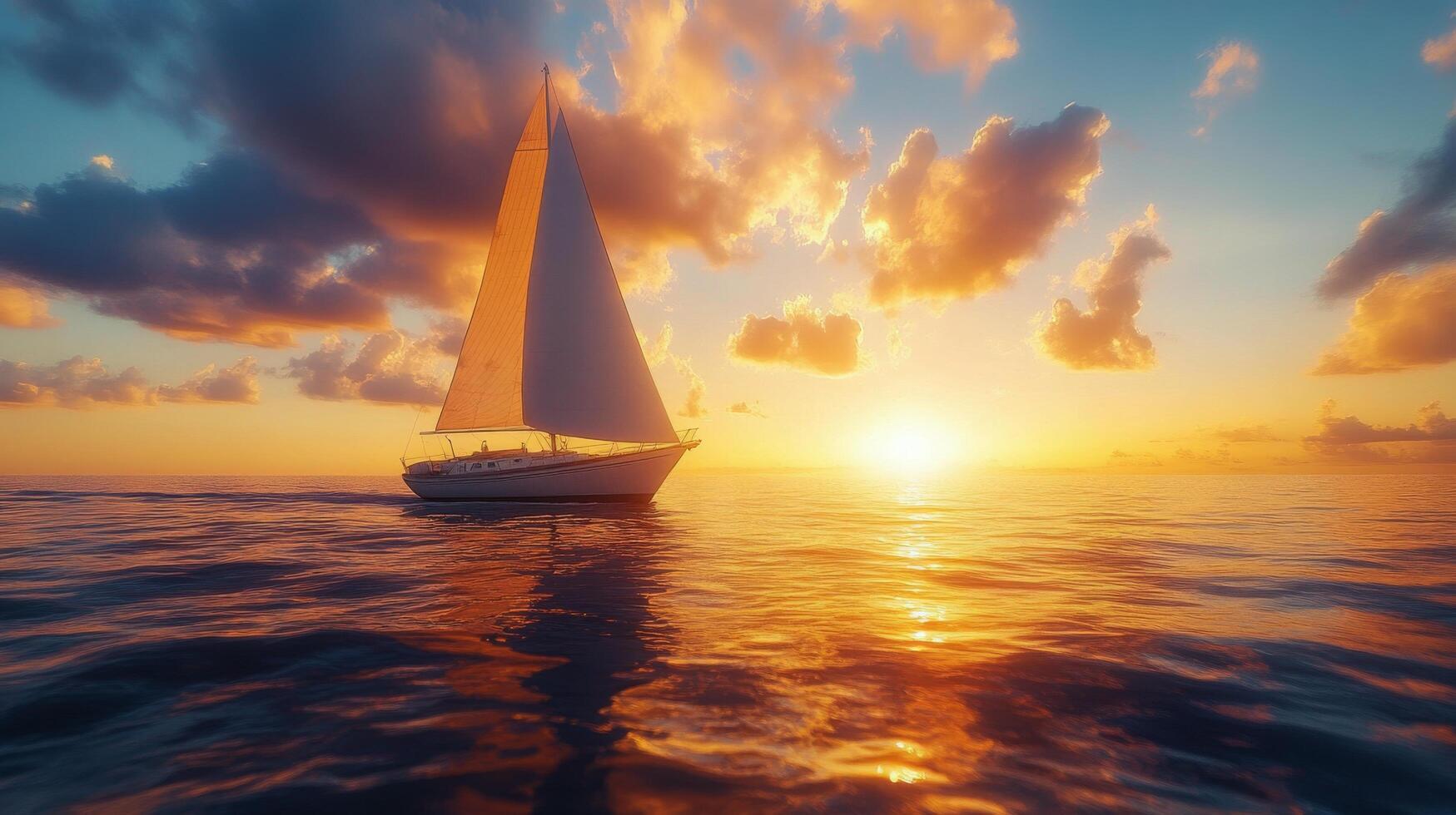 A serene sailing adventure at sunset on tranquil waters with beautiful clouds above photo