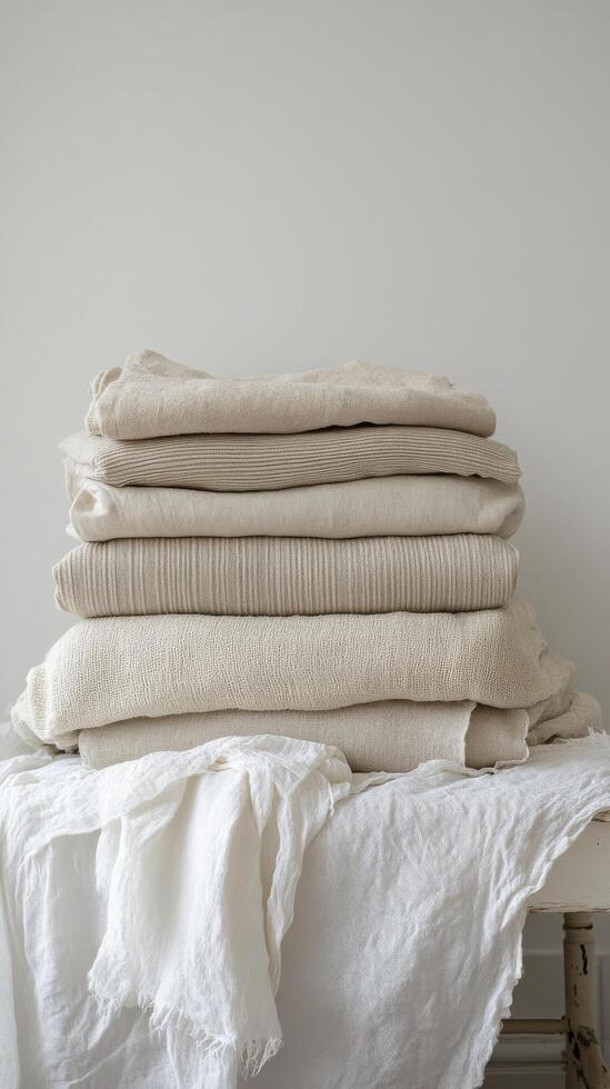 Soft, neatly folded cream colored blankets on a light surface by a neutral backdrop photo