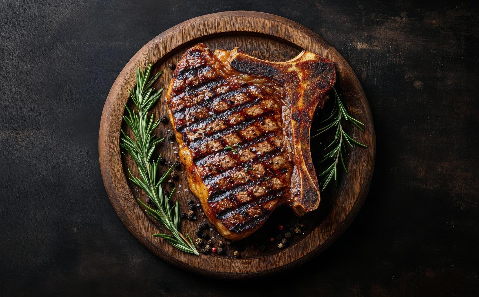 A perfectly grilled ribeye steak served on a wooden platter with herbs and seasoning photo