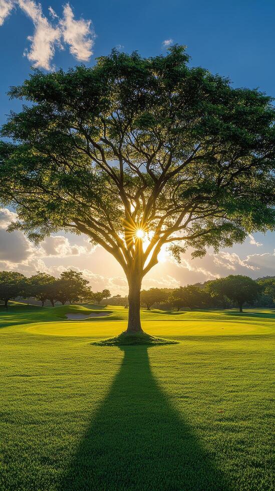 Sunlight shining through a large tree in a green landscape during late afternoon photo