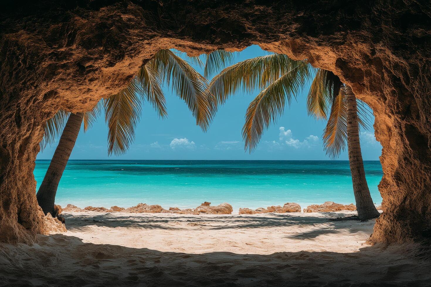 Tranquil tropical beach view from a cave on a sunny day in a picturesque coastal location photo