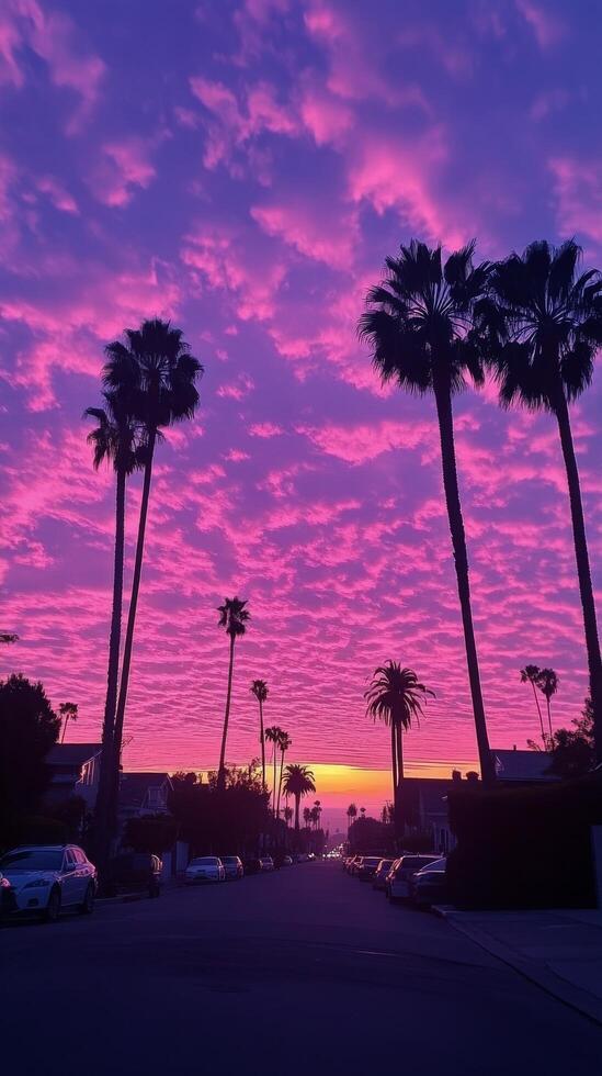 Vibrant sunset view with palm trees lining a quiet street in California during twilight hours photo
