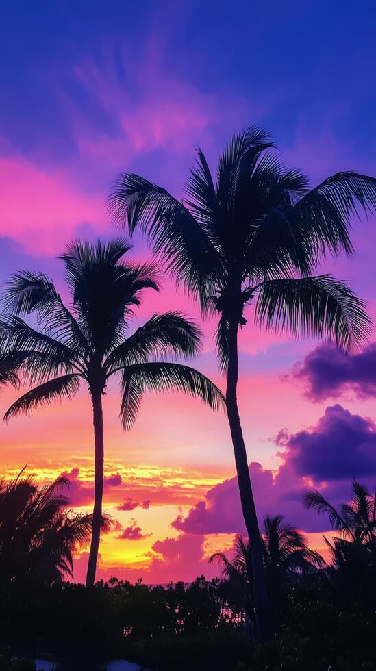 Vibrant sunset view with palm trees lining a quiet street in California during twilight hours photo