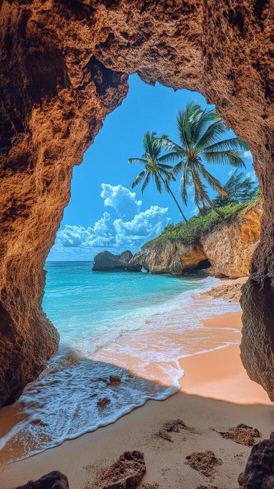 Tropical beach view from a cave entrance on a sunny day with swaying palm trees photo