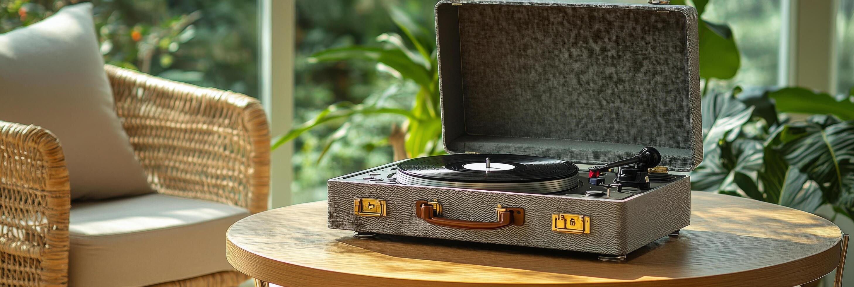 A vintage record player on a wooden table surrounded by green plants in a cozy indoor space photo