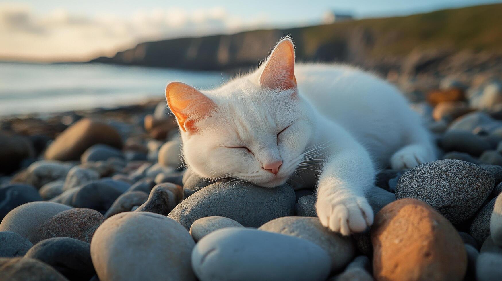 A white cat peacefully sleeping on smooth stones by the water during sunset at the beach photo