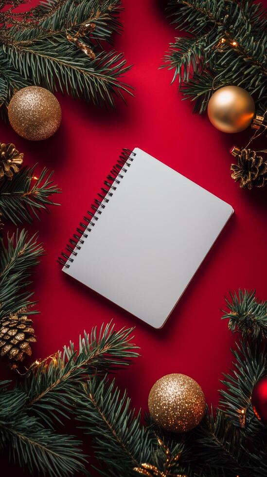 Blank notepad surrounded by festive decorations on a red background during the holiday season photo