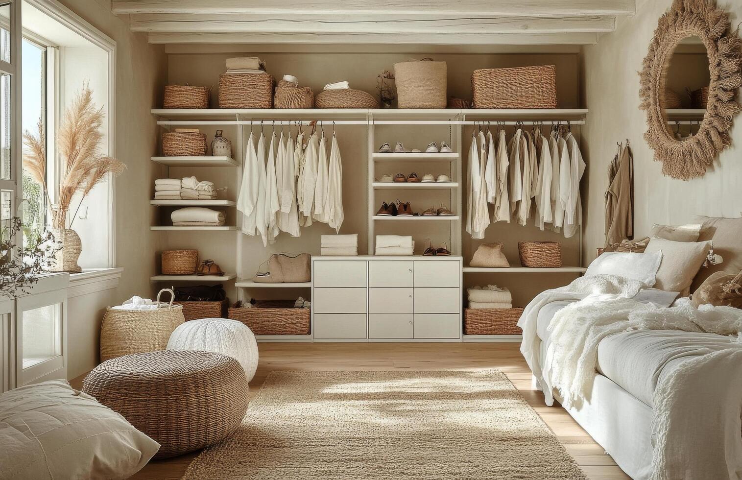 A serene and organized bedroom storage area with natural light and rustic decor photo