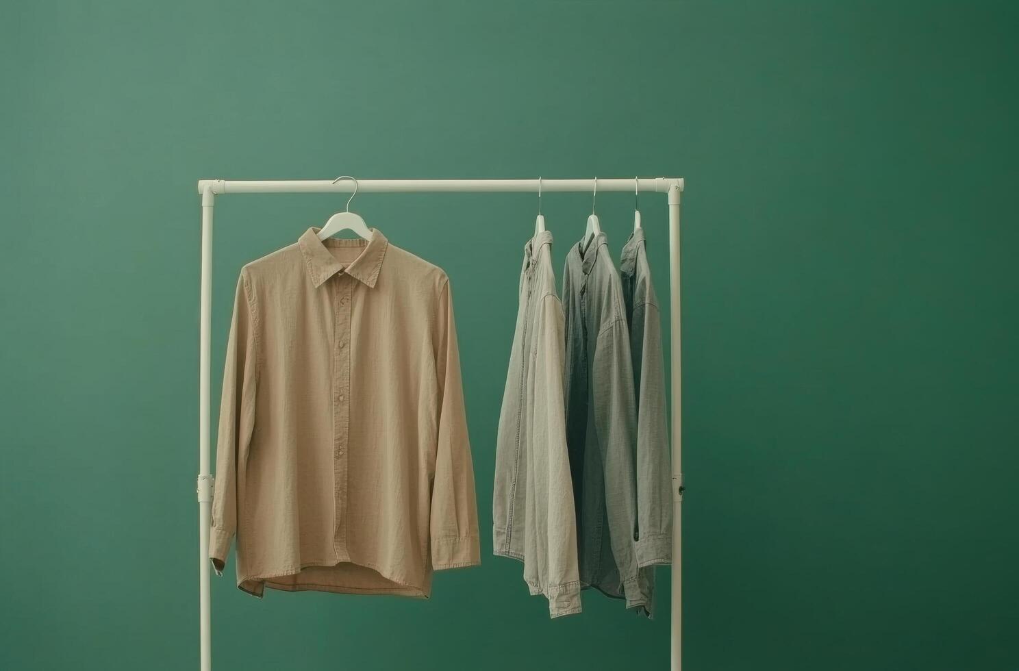 Display of various casual shirts on hangers against a green backdrop in a modern setting photo
