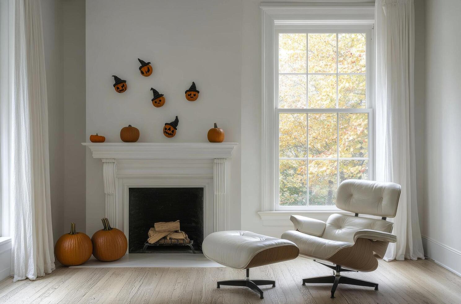 Cozy autumn decoration with pumpkins and witch hats around a fireplace in a bright room photo