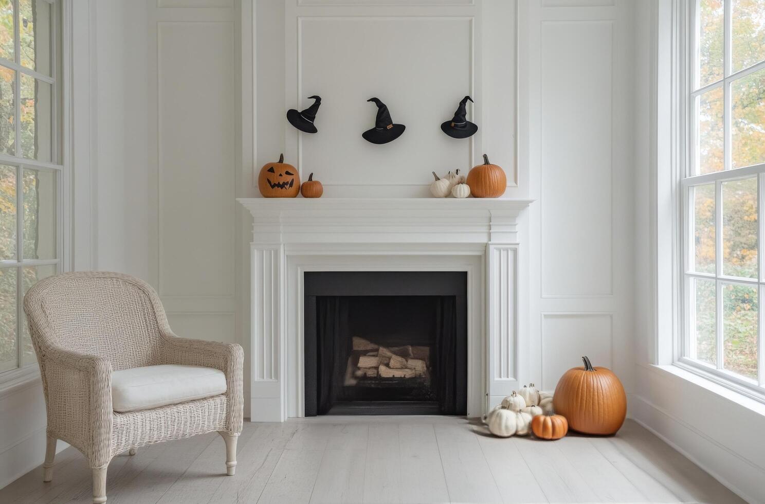 Cozy autumn decoration with pumpkins and witch hats around a fireplace in a bright room photo