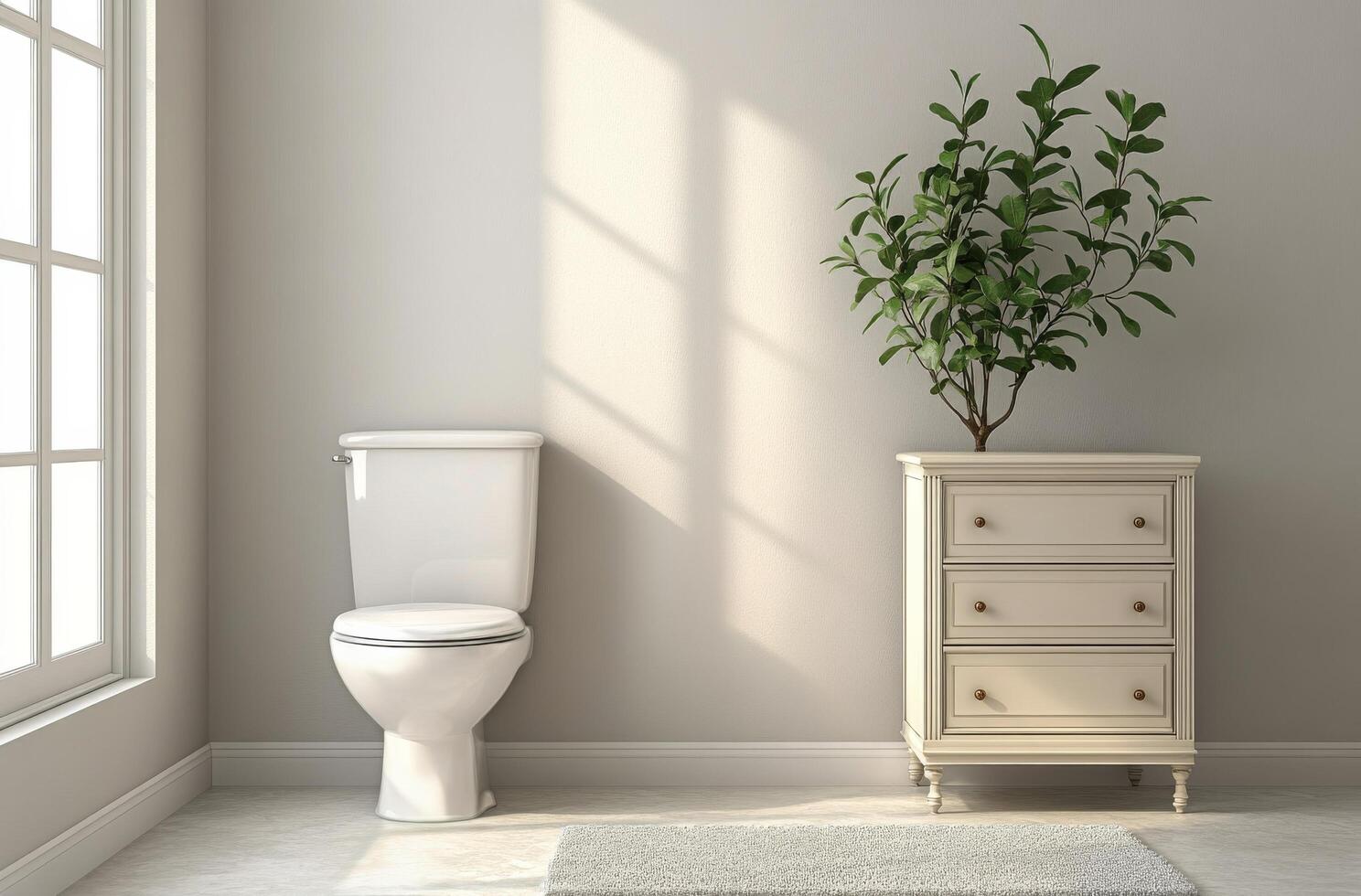 Bright and serene bathroom interior featuring elegant fixtures and indoor plants in natural light photo