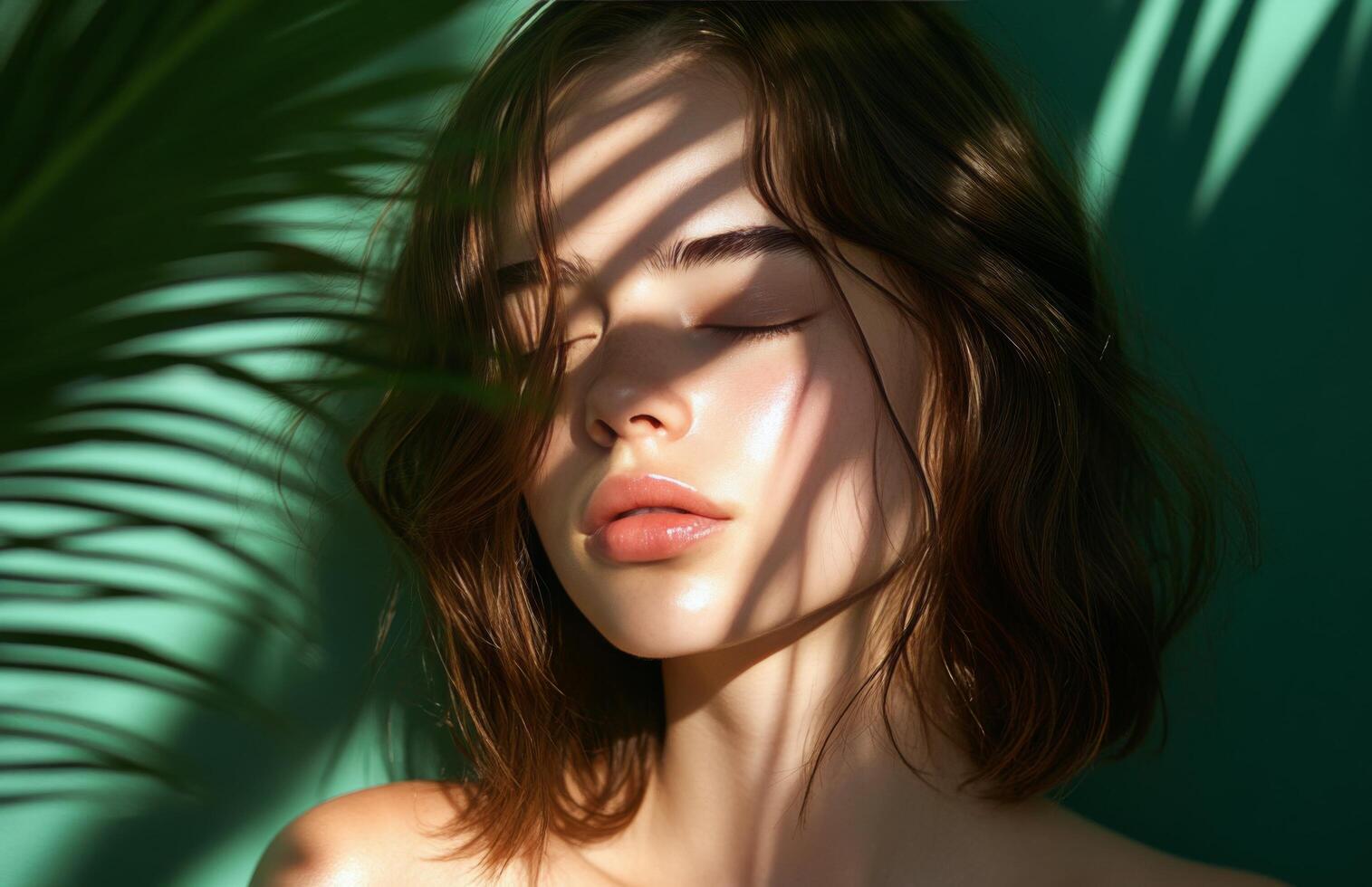 A young woman enjoying the sunlight with shadows created by palm leaves in a serene setting photo