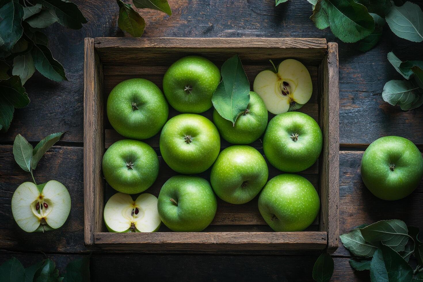 Fresh green apples in a wooden crate surrounded by leaves on a rustic surface photo