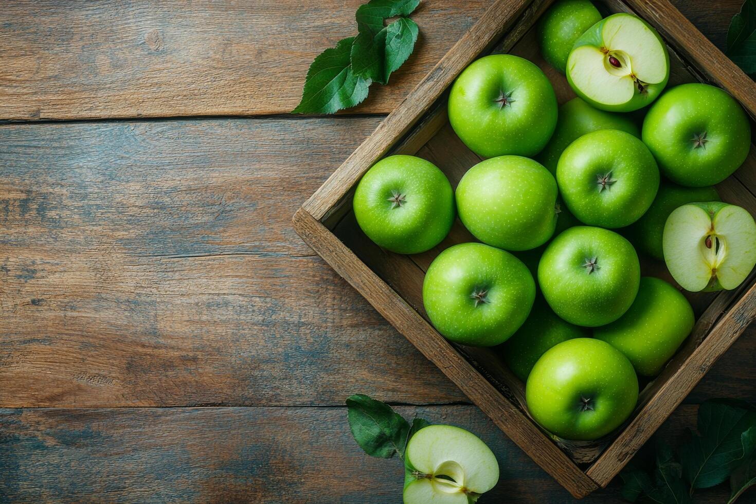 Fresh green apples in a wooden crate surrounded by leaves on a rustic surface photo