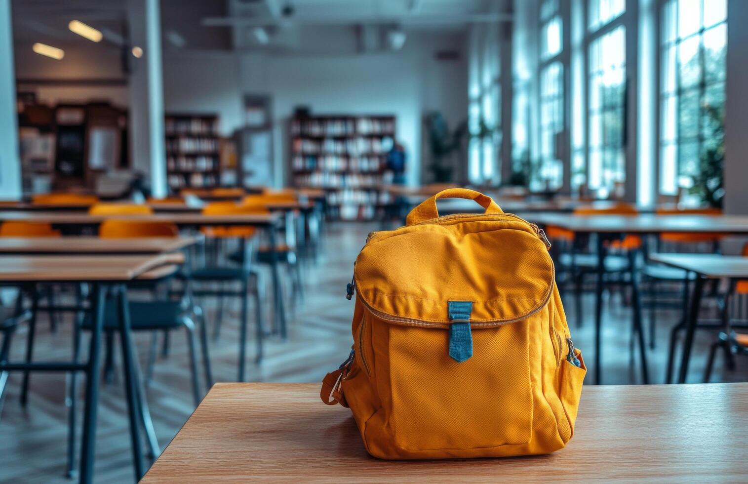 A bright yellow backpack on a wooden table in an empty classroom during morning hours photo