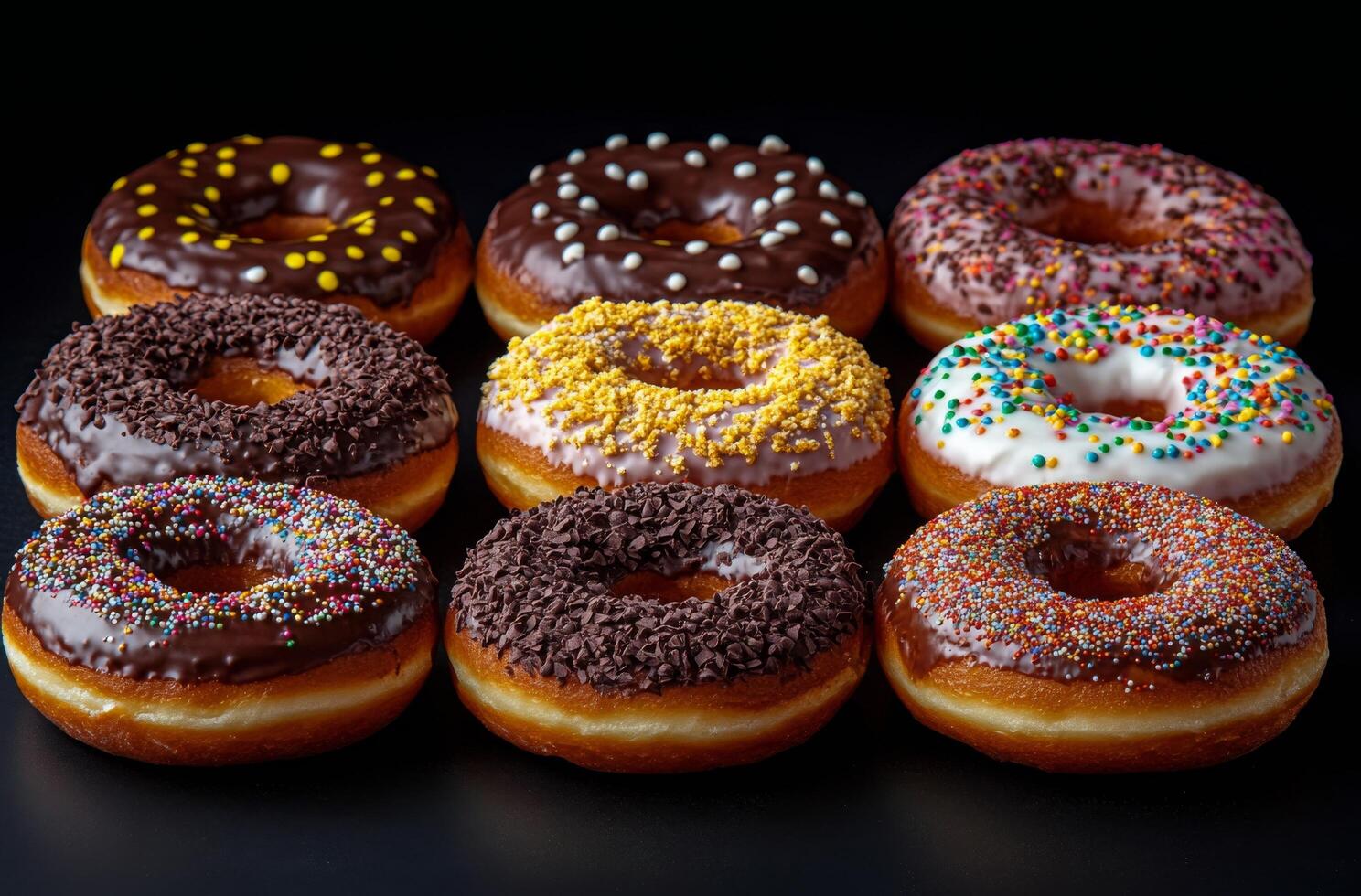 Assorted donuts with chocolate and sprinkles displayed against a dark background photo