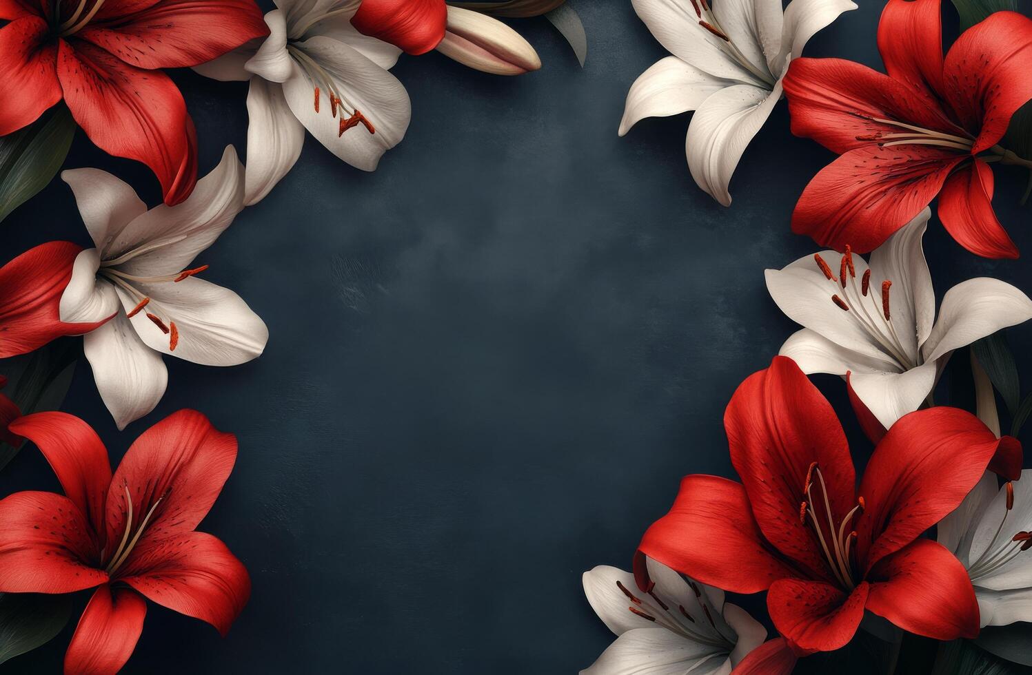 Vibrant red and white lilies arranged on a dark background creating an elegant floral border photo