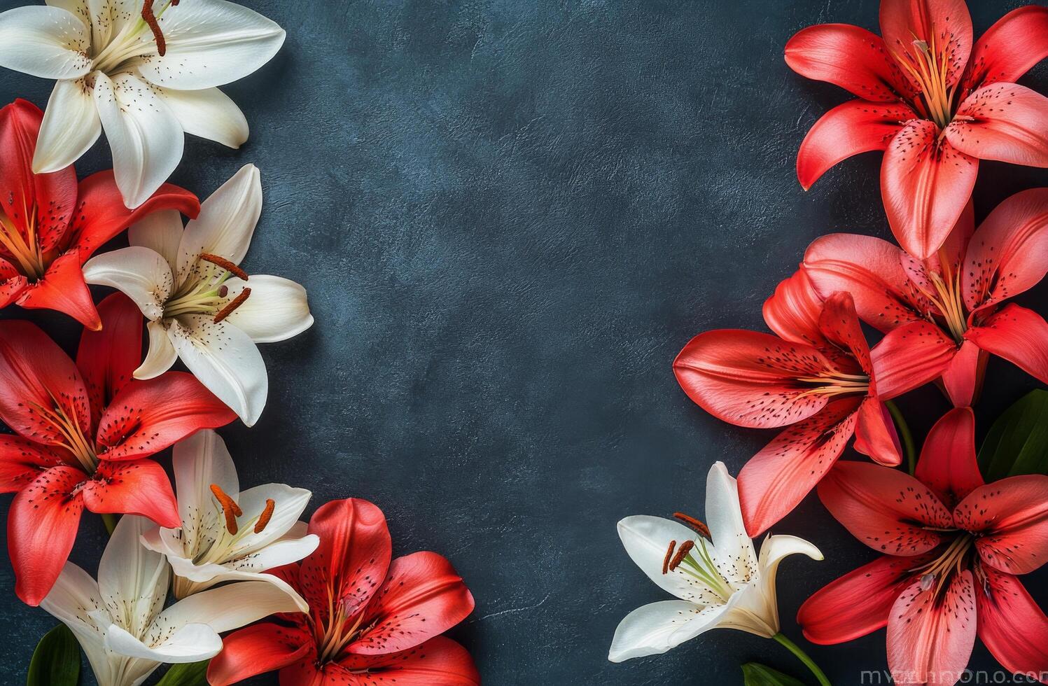 Vibrant red and white lilies arranged on a dark background creating an elegant floral border photo