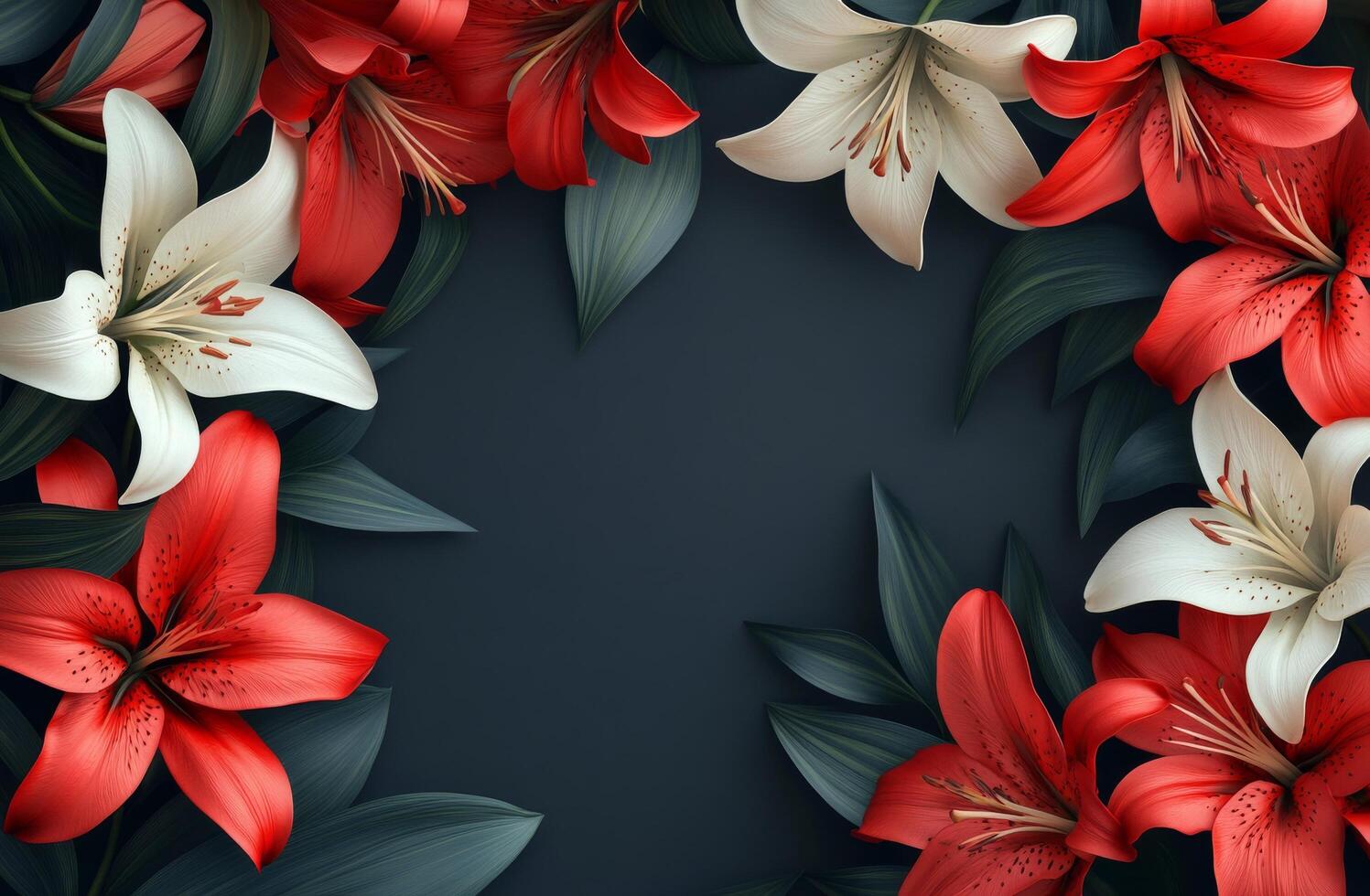 Vibrant red and white lilies arranged on a dark background creating an elegant floral border photo